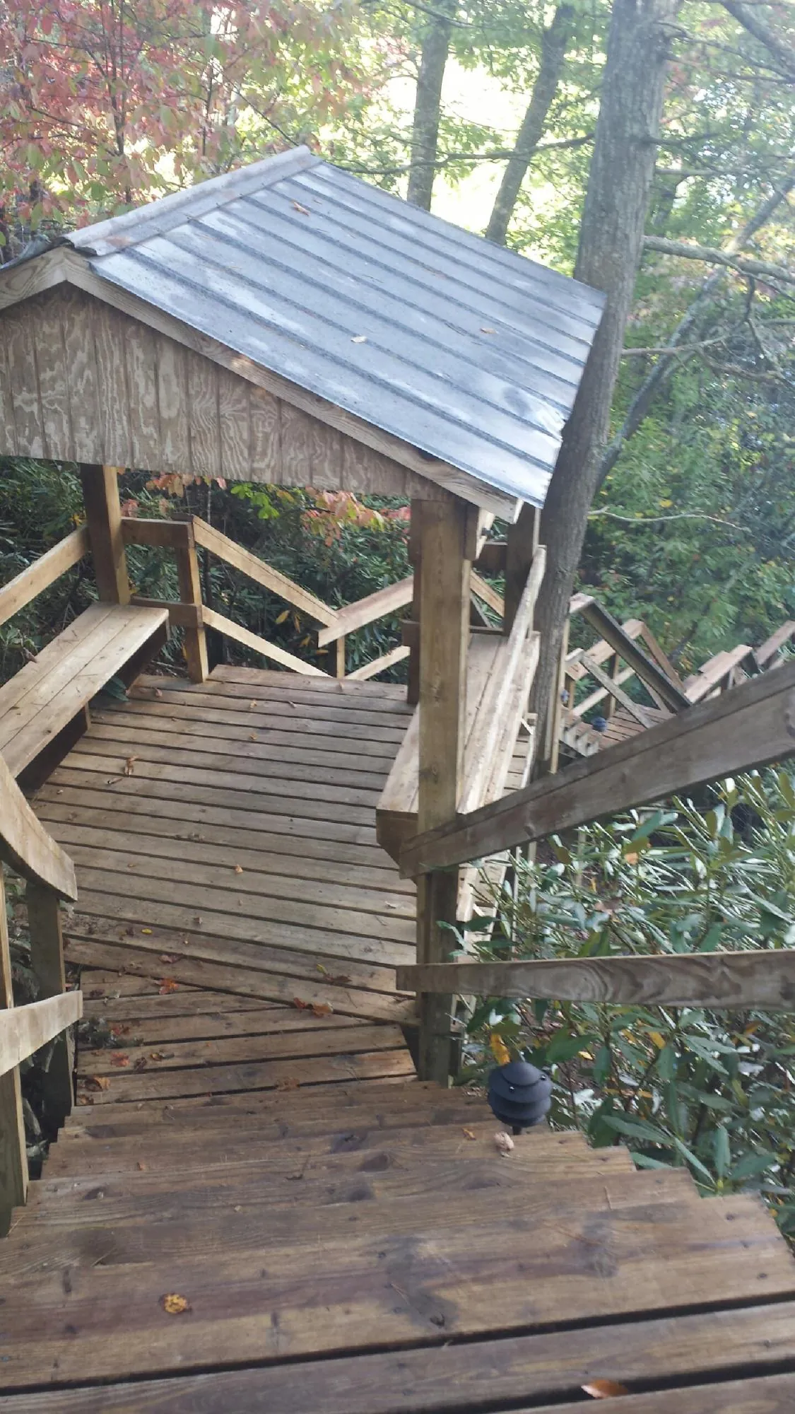 Metal roofed shelter over wooden steps on a wooded walkway — Skylight Repair & Installation work by our crew in Rosholt